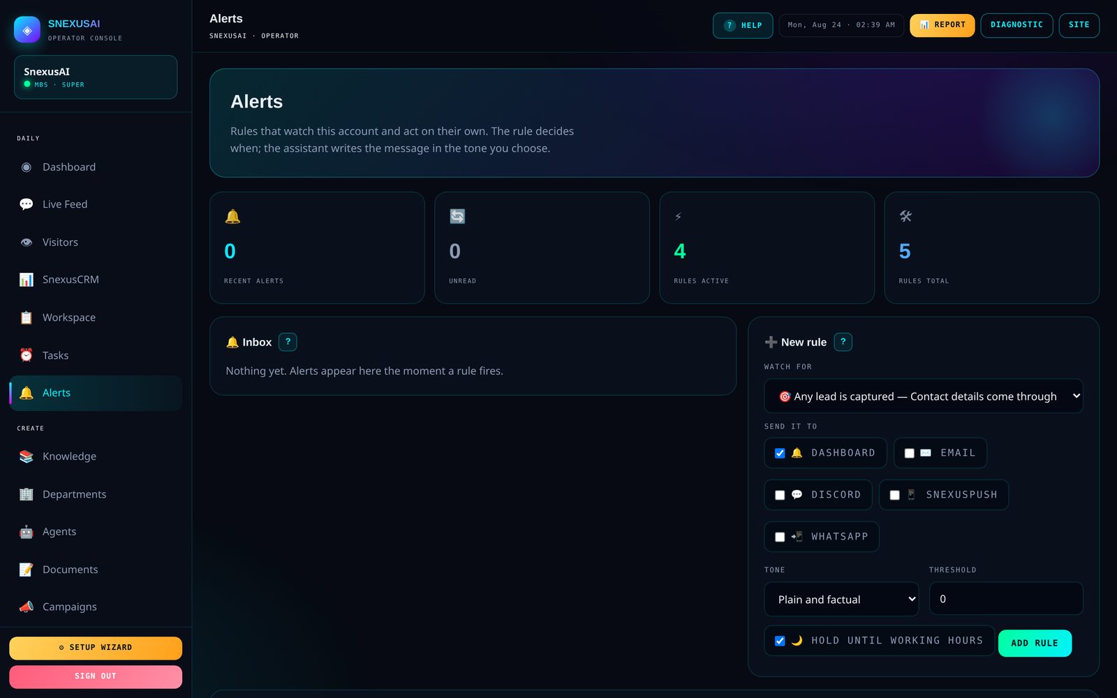 Smart alert rules and notification inbox