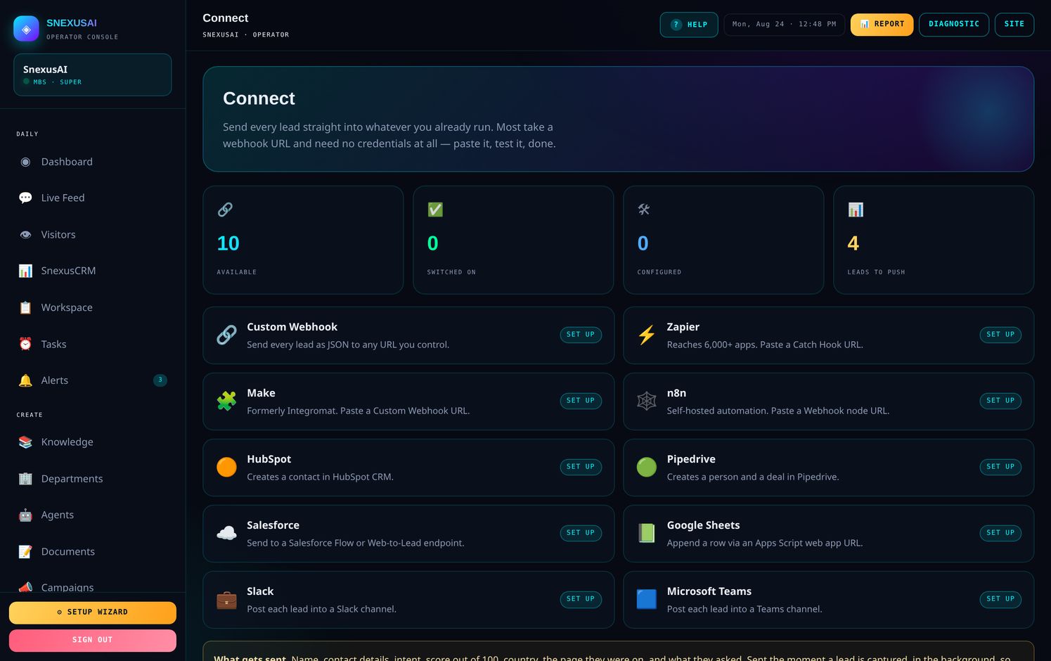 Connect โ ten integrations, most needing only a URL