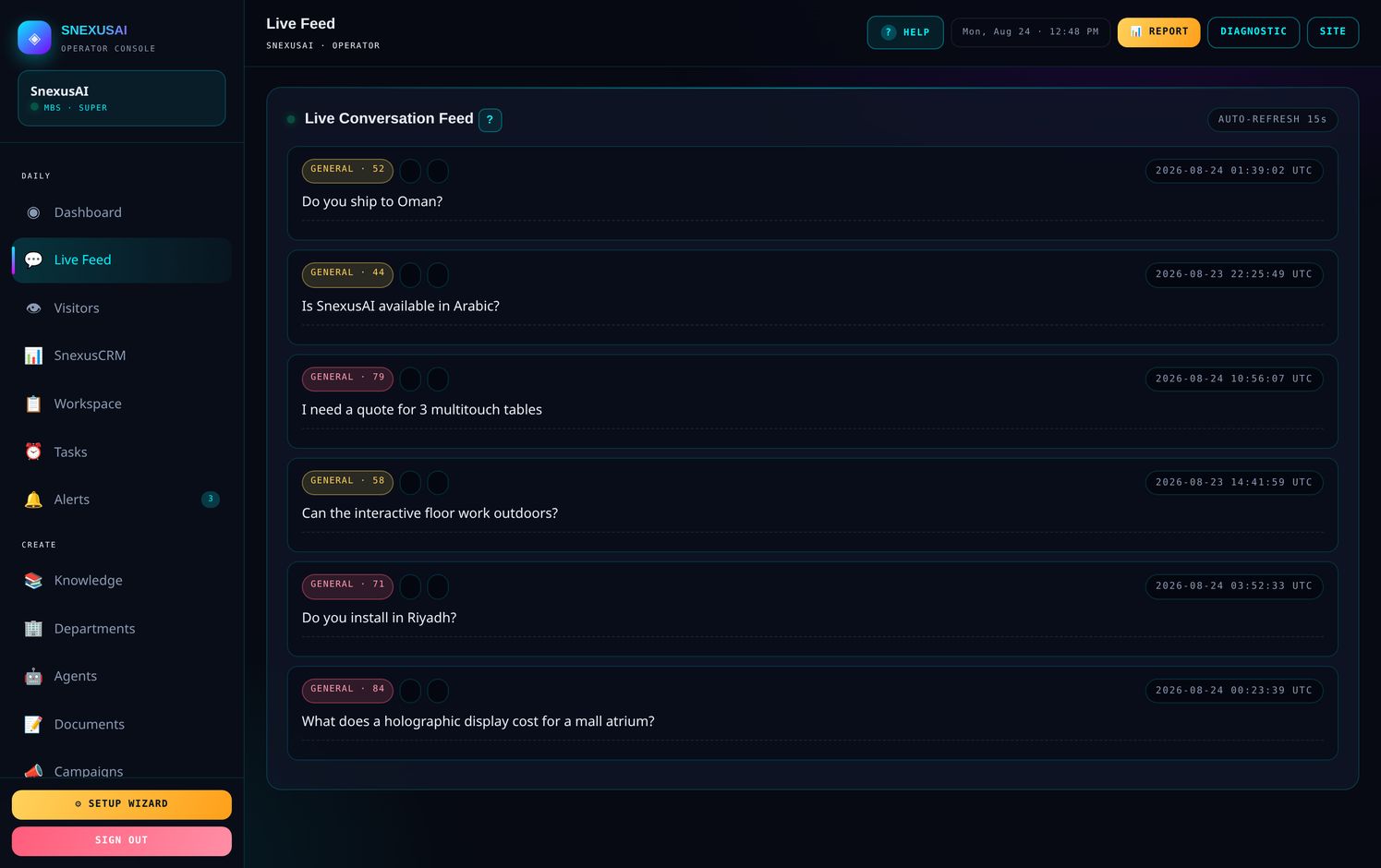 Live Feed โ each conversation with its intent score